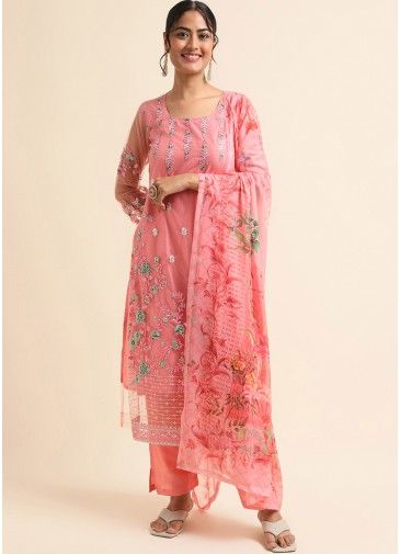 Pink Embroidered Pant Suit Set In Net