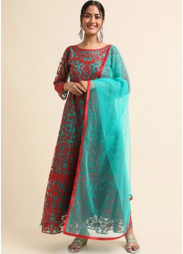 Blue Embroidered Anarkali Suit Set In Net