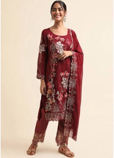 Maroon Sequins Embroidered Pant Suit Set