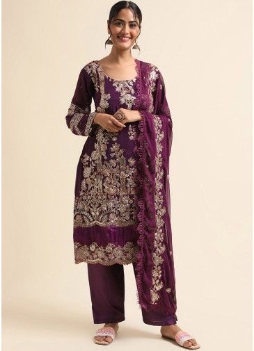 Purple Embroidered Pant Suit Set In Georgette