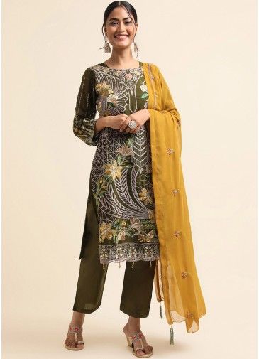 Green Embroidered Pant Suit Set In Georgette