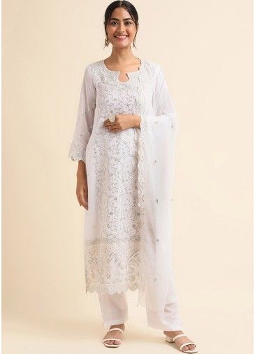 White Embroidered Pant Suit Set