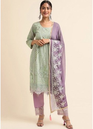 Green Embroidered Pant Suit Set In Georgette