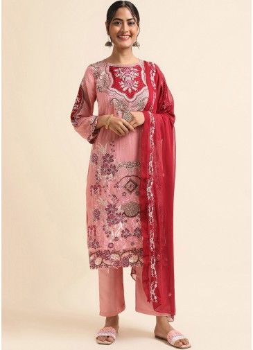 Pink Sequins Embroidered Pant Suit Set