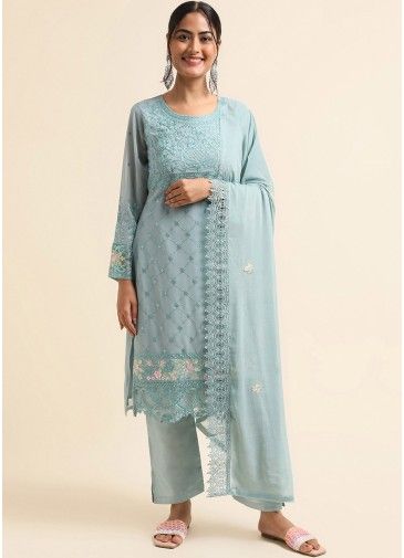 Blue Embroidered Pant Suit Set In Georgette