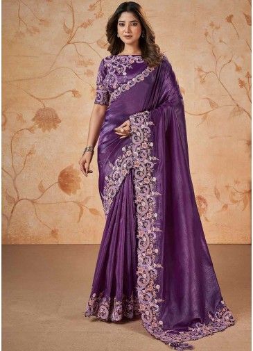 Purple Embroidered Saree In Banarasi Silk