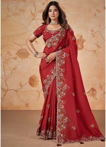 Red Silk Saree In Thread Embroidery