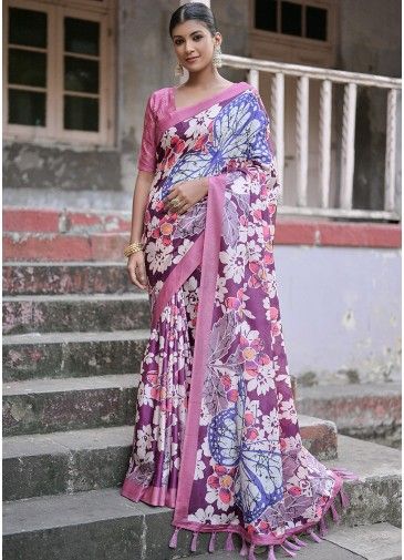 Purple Floral Printed Saree In Cotton