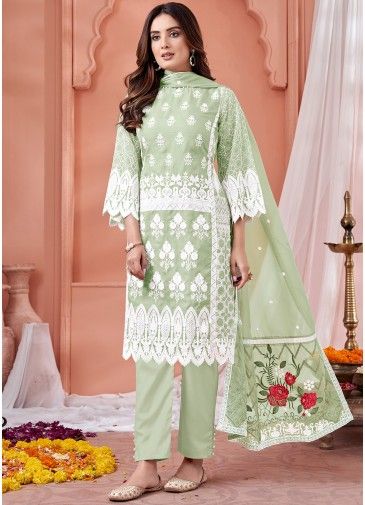 Green Organza Pant Suit In Thread Embroidery