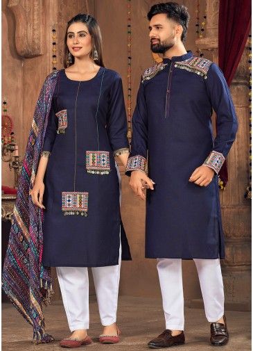 Navy Blue Readymade Embroidered Navratri Couple Set