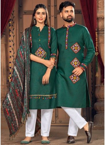 Readymade Green Embroidered Couple Wear For Navratri