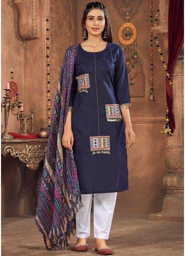 Blue Readymade Navratri Pant Suit In Cotton 