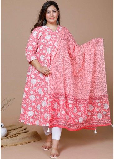 Pink Floral Printed Anarkali Style Suit In Cotton