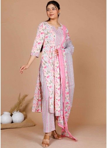 Pink Floral Printed Pant Suit Set In Cotton