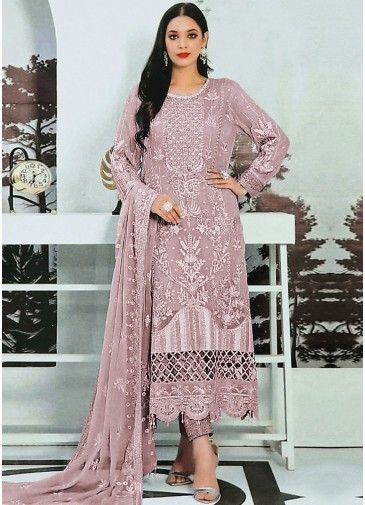 Mauve Pink Embroidered Georgette Pant Suit