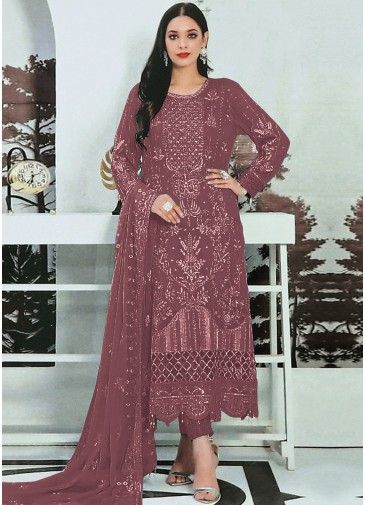 Mauve Pink Embroidered Pant Suit In Georgette