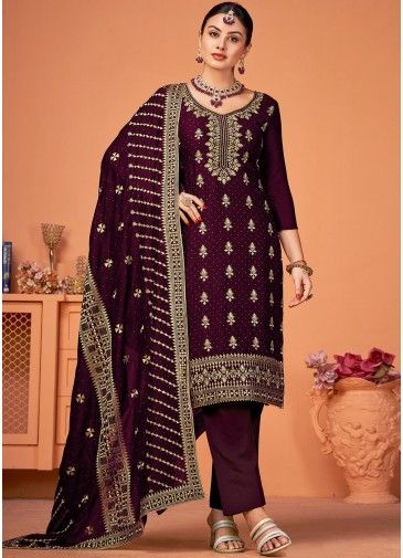 Wine Georgette Pant Suit In Dori Embroidery