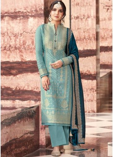 Blue Jacquard Pant Suit In Woven Work