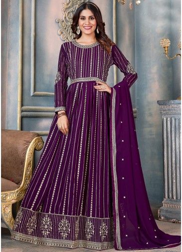 Purple Georgette Anarkali Suit In Sequins Embellishment