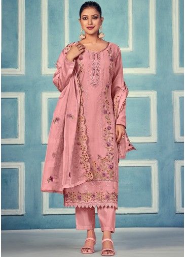 Pink Embroidered Suit Set In Organza