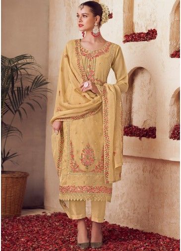 Yellow Embroidered Suit Set For Festive