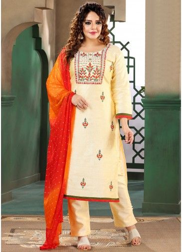 Beige Embroidered Readymade Pant Suit Set