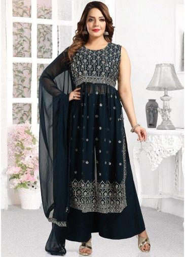 Blue Readymade Embroidered Palazzo Suit In Georgette