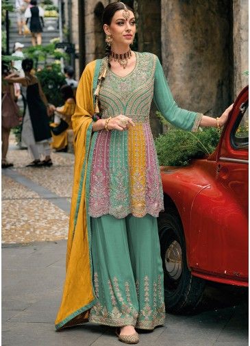 Green Readymade Embroidered Palazzo Suit In Chiffon