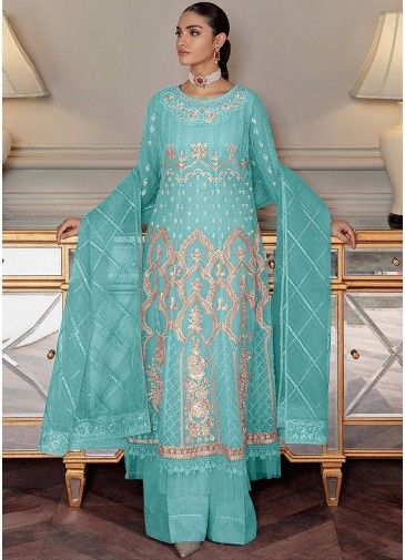 Sky Blue Embroidered Net Palazzo Suit