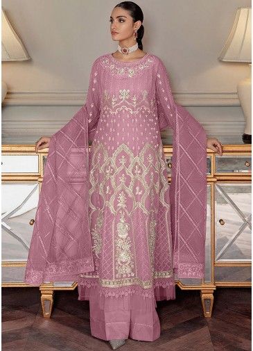 Pink Net Palazzo Suit In Dori Embroidery