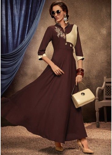 Readymade Brown Embroidered Flared Dress