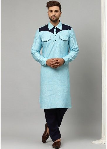 Blue Readymade Mens Pathani Suit In Silk