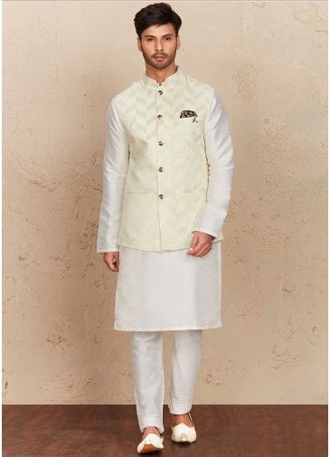 Readymade White Kurta Churidaar And Nehru Jacket Set