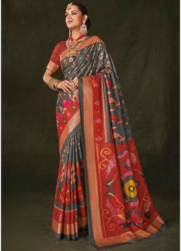 Grey Digital Printed Saree In Art Silk