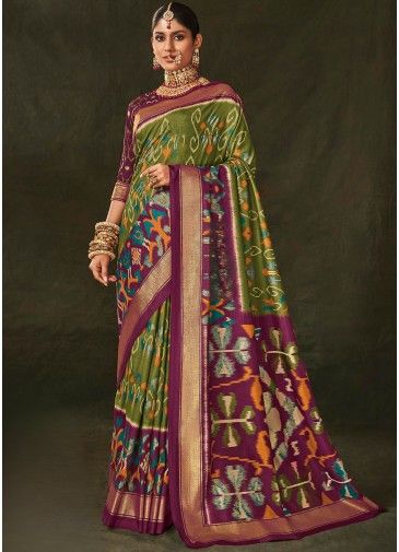 Digital Printed Art Silk Saree In Green