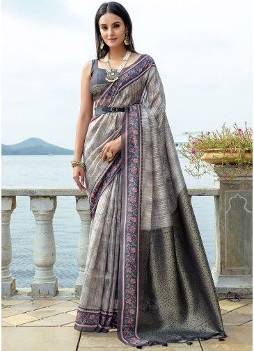 Grey Zari Woven Saree In Art Silk