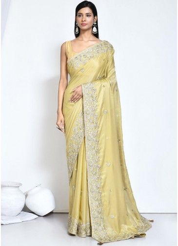 Yellow Embroidered Saree In Satin 
