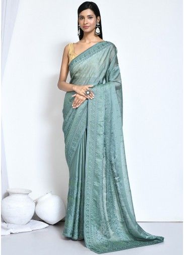 Green Embroidered Saree In Satin 