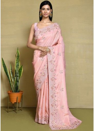 Pink Embroidered Saree In Satin 