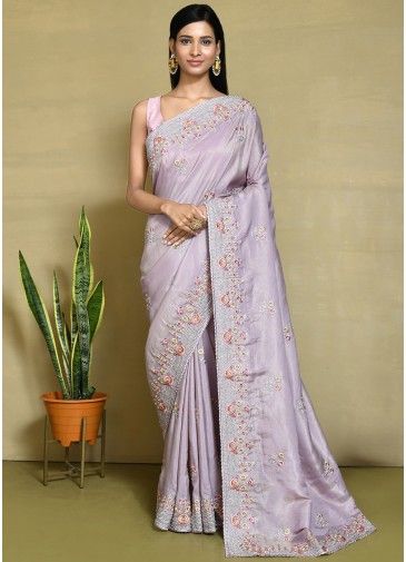 Purple Embroidered Saree In Satin 
