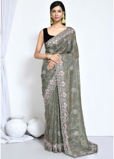 Green Embroidered Saree In Organza 