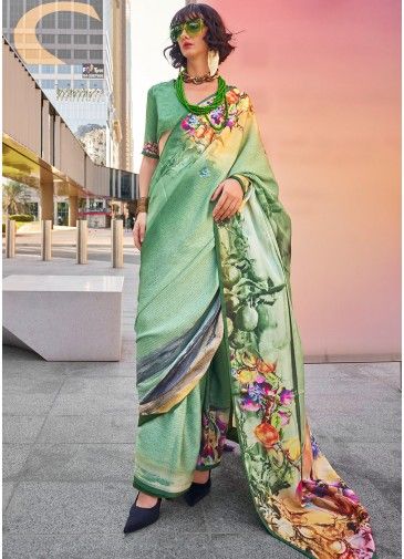 Satin Silk Printed Saree In Seafoam Green 