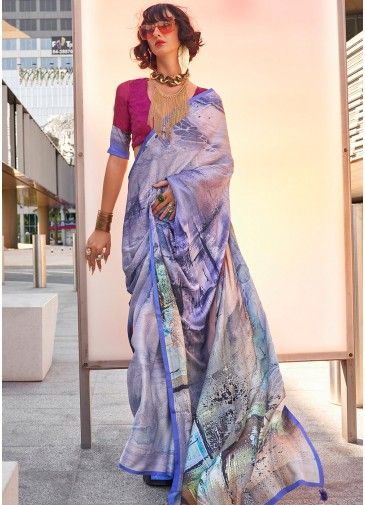 Purple Digital Printed Saree  In Satin silk