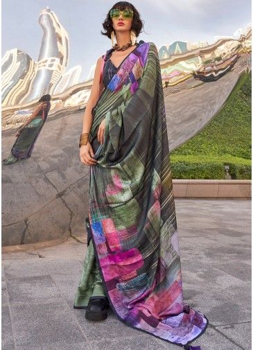 Multicolor Satin Silk Saree In Digital Print