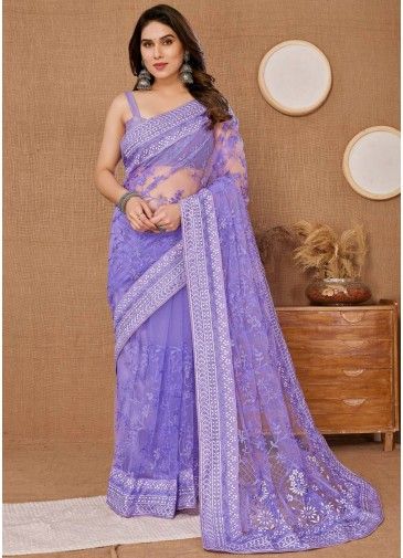 Purple Embroidered Saree In Net
