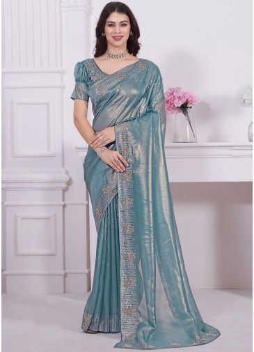 Blue Stone Embellished Net Saree & Blouse