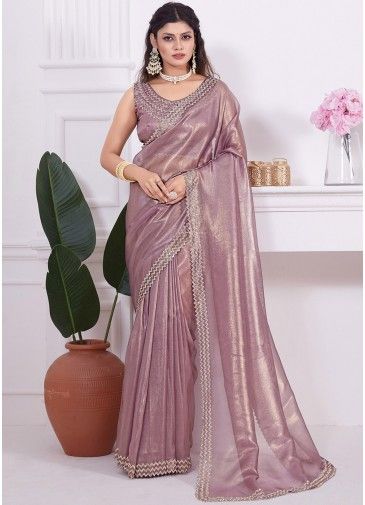 Mauve Pink Stone Embellished Saree In Net