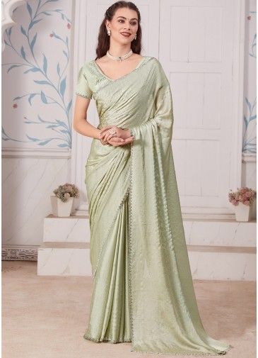 Pastel Green Satin Saree In Stone Embellishment