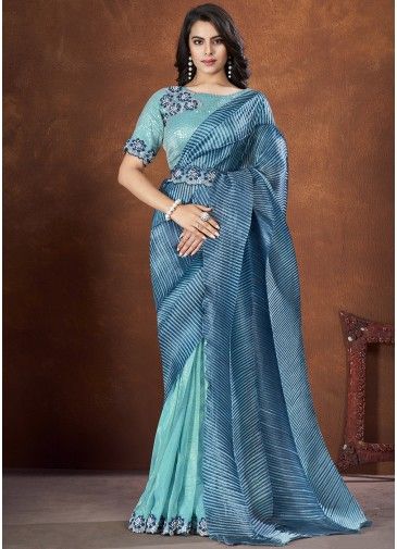Blue Satin Silk Saree In Ruffle Style