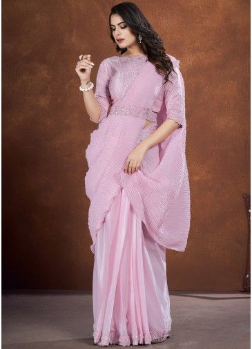 Pink Satin Saree In Embroidery